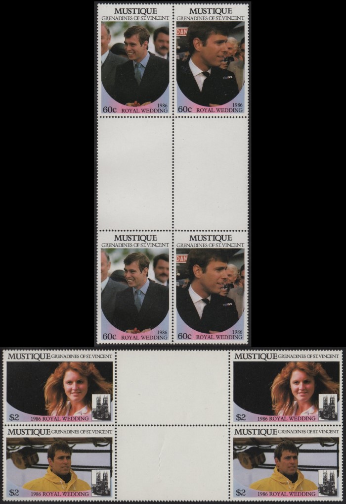 Mustique 1986 Royal Wedding Perforated Gutter Blocks From Uncut Press Sheet of 80 Stamps Mustique 1986 Royal Wedding Perforated Gutter Blocks From Uncut Press Sheet of 80 Stamps